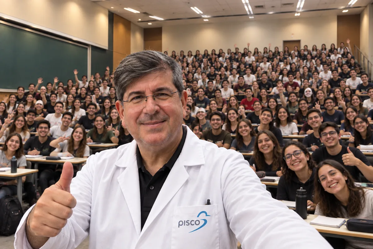 Prof. Pisco de jaleco faz selfie com uma sala de 200 alunos sorrindo