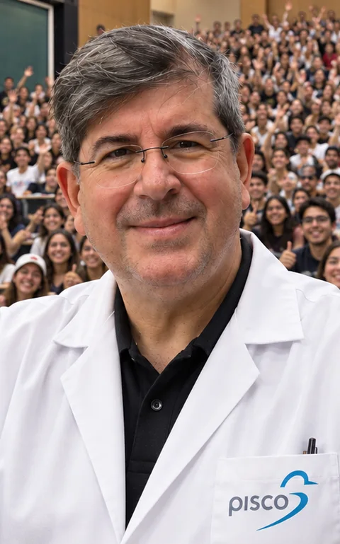 Prof. Anselmo Pisco de jaleco Pisco, com alunos ao fundo