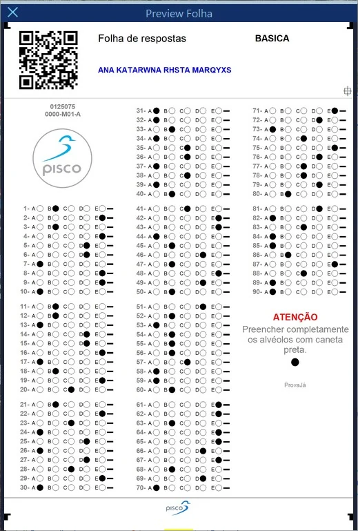 Tela do ProvaJá: Folha com QR Code